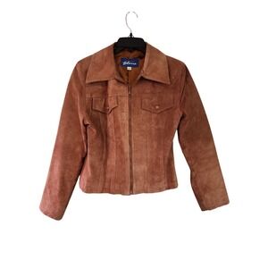 Express Blues Vintage Leather Jacket Womens Size L Y2K  Brown Casual Front Zip